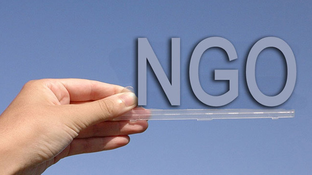 A hand holding the letters “NGO”